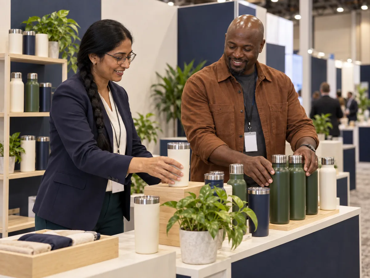 Two exhibitors set out products on their stand before the doors open