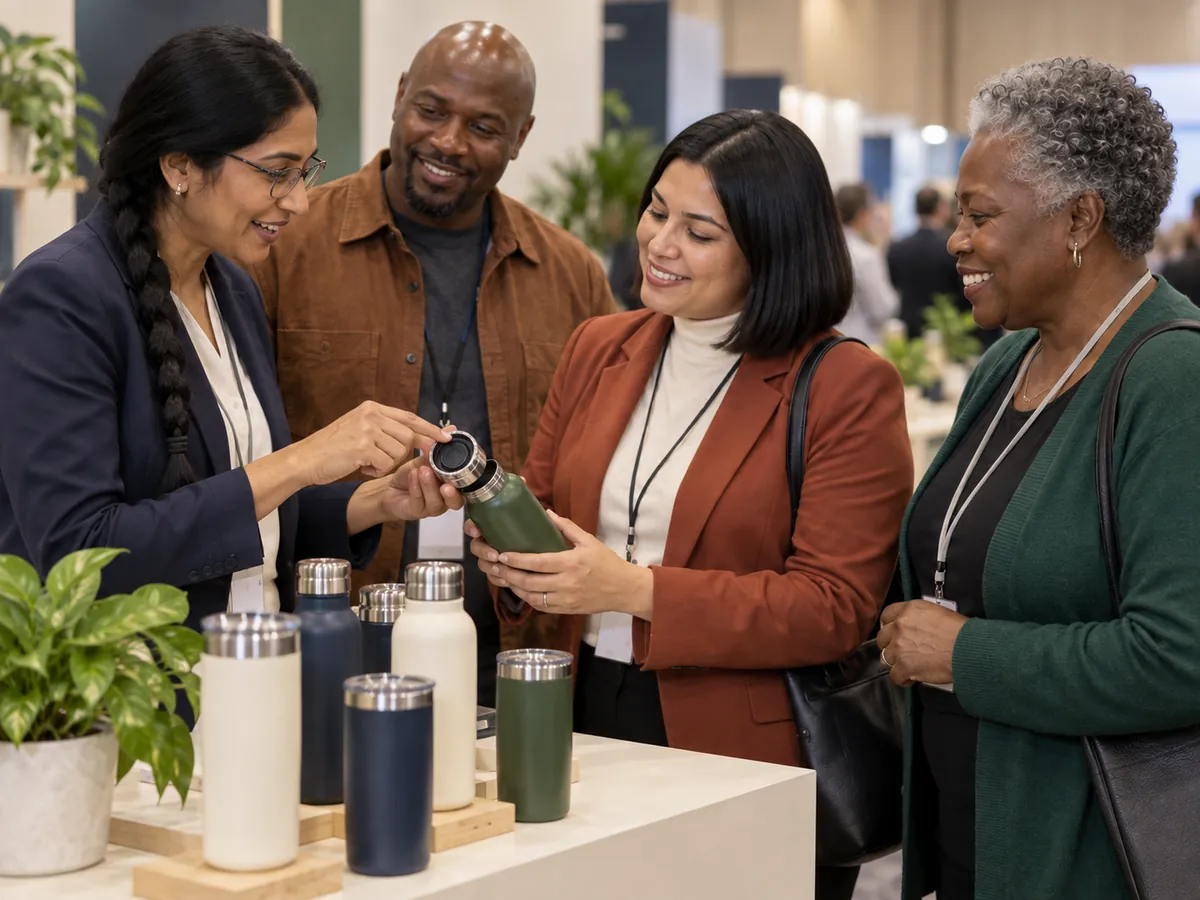 Colleagues laugh together while looking at a product