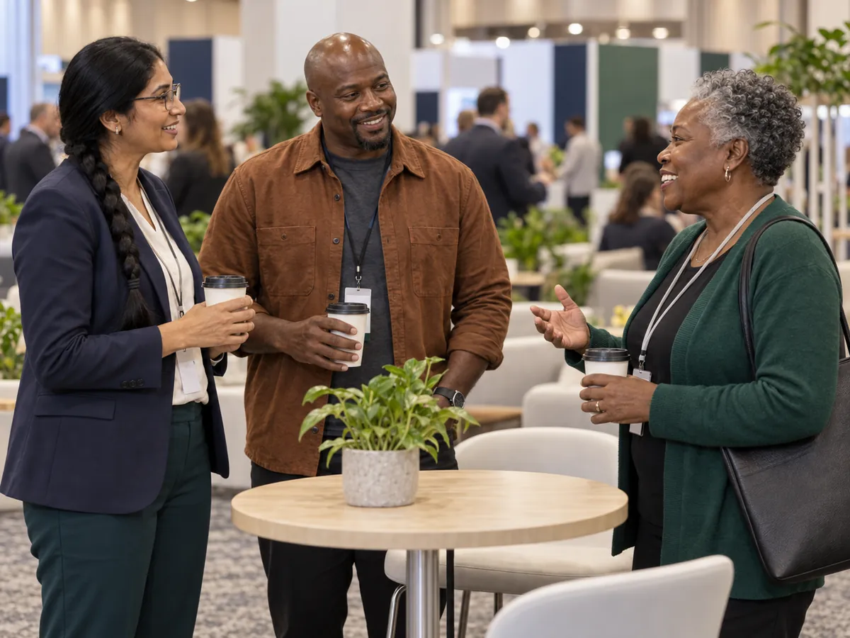 Colleagues with coffee compare notes beside a small table