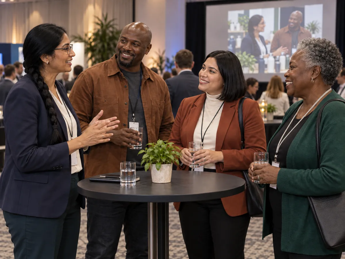 Attendees talk at a standing table while photos play on a screen behind them