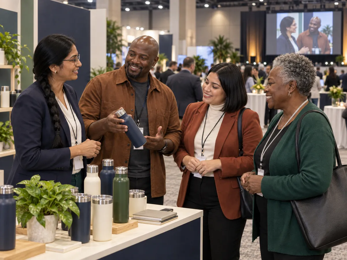 Attendees talk at a stand in a busy exhibition hall
