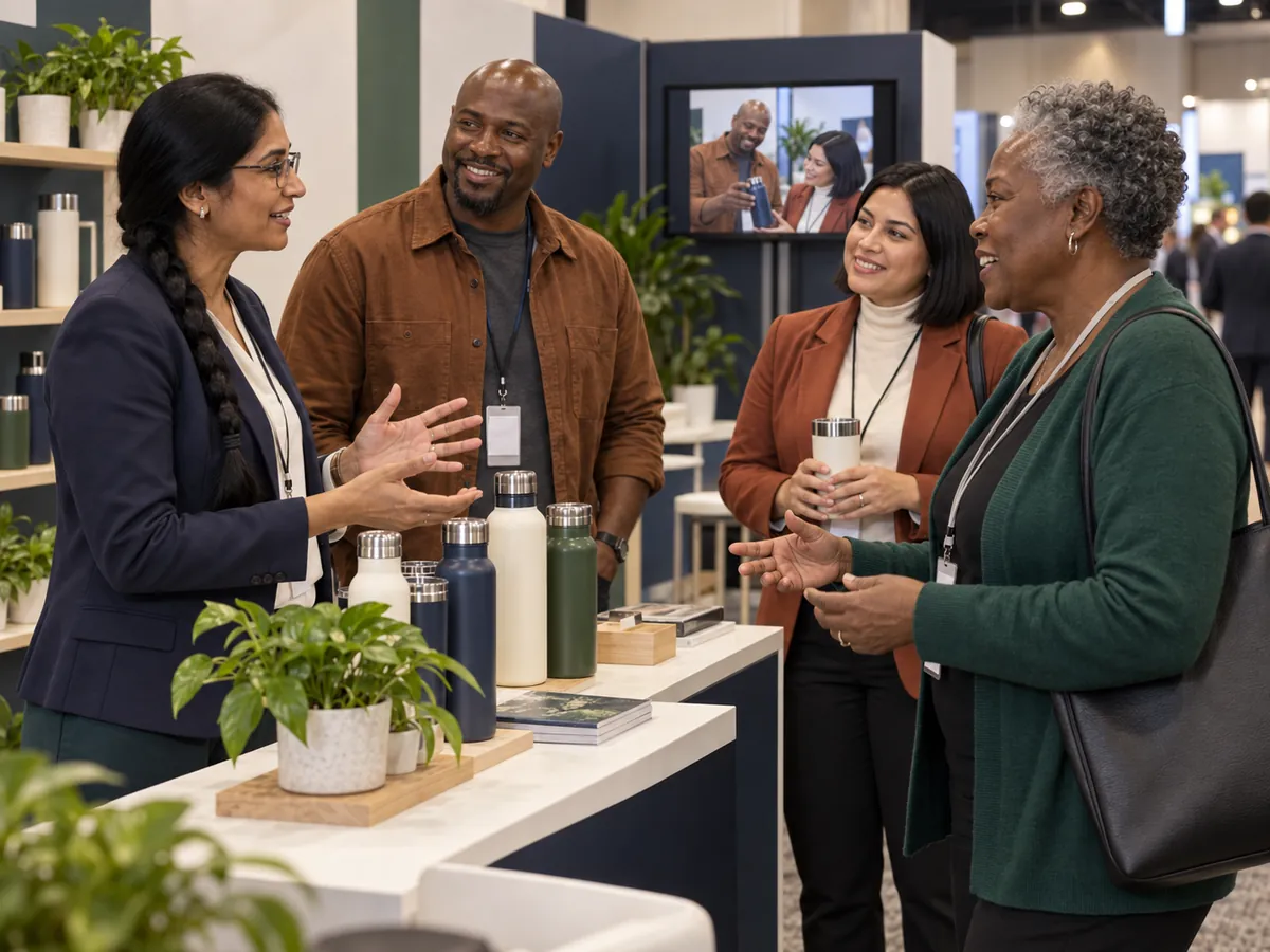Colleagues chat at a stand while photos play on a screen behind them