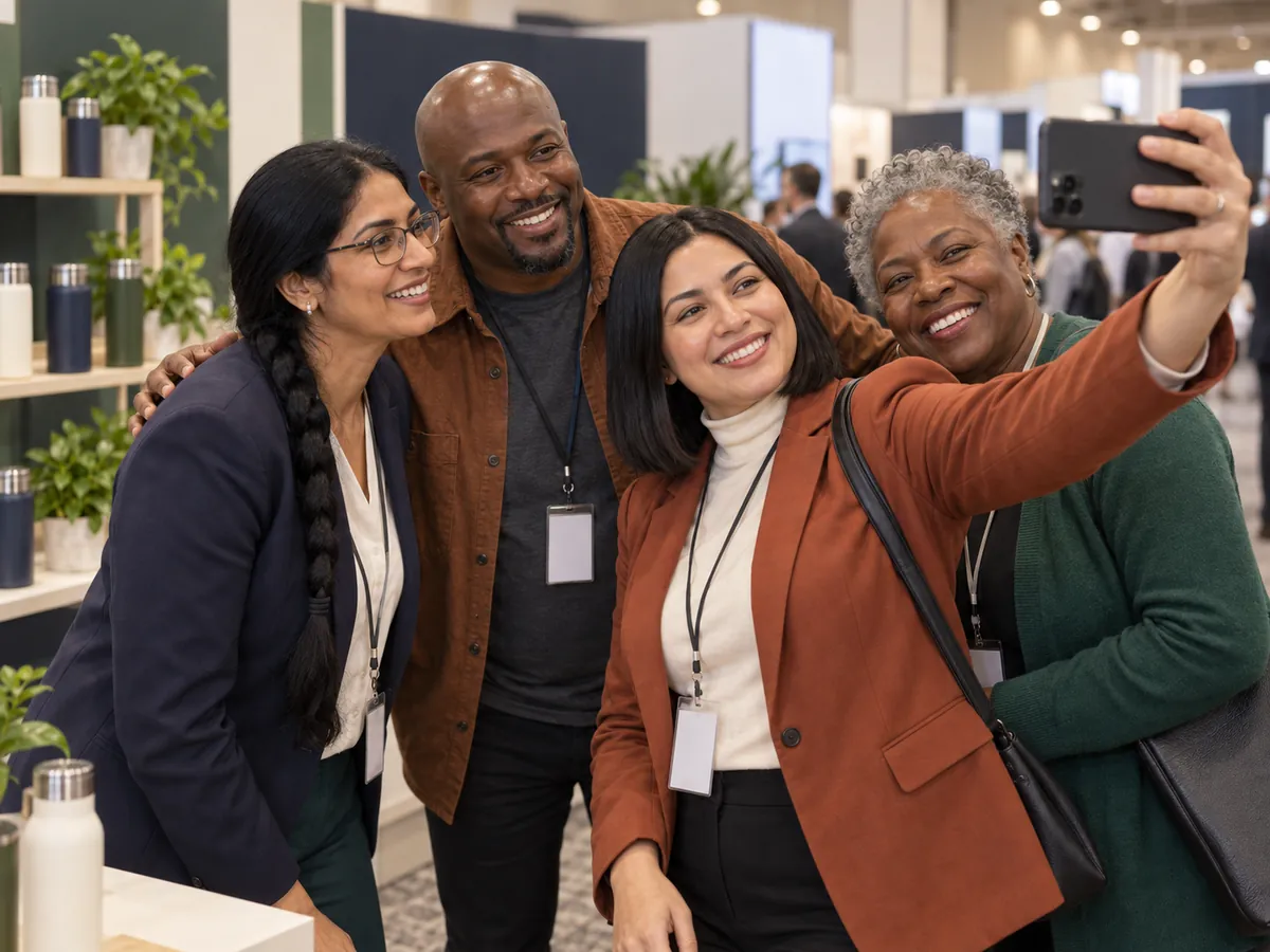 Four attendees take a selfie together at an exhibition stand