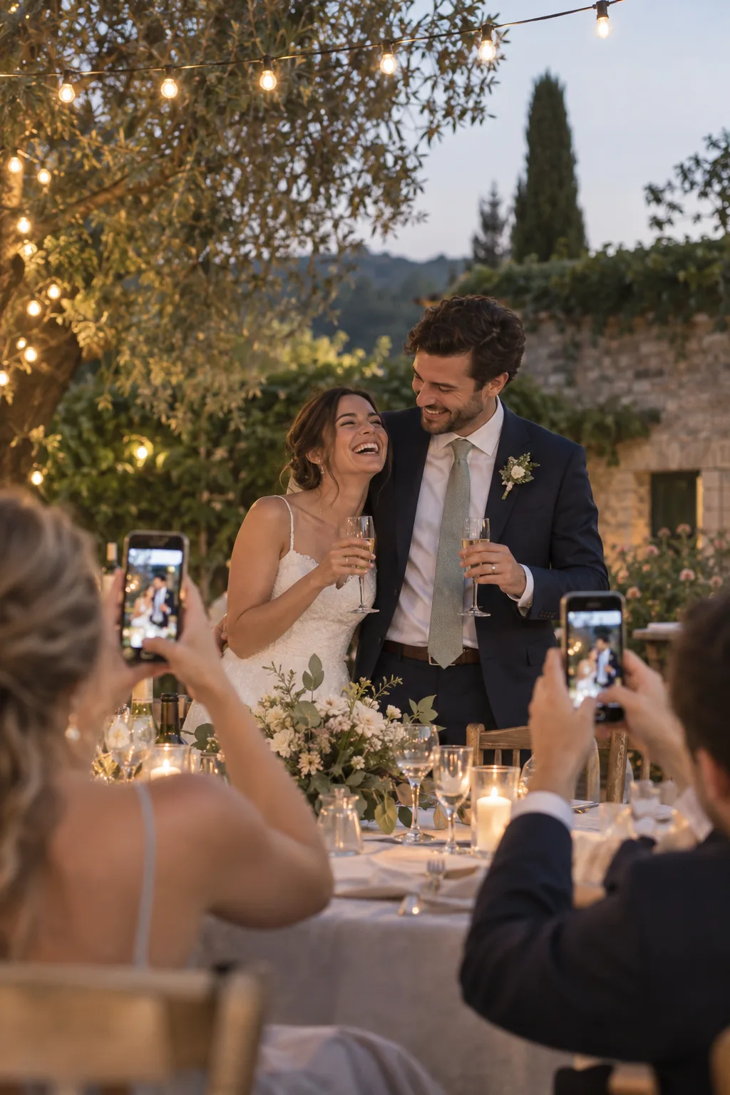 Guests raising phones to photograph a couple during a reception toast