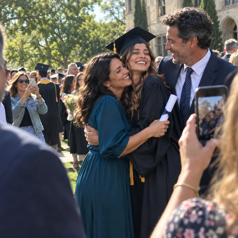 A graduate with family after a commencement ceremony