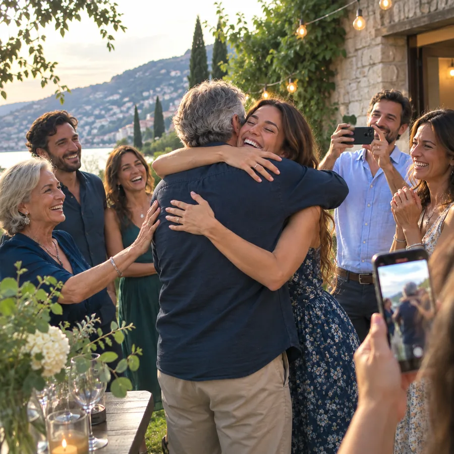 Old friends greeting each other at a reunion